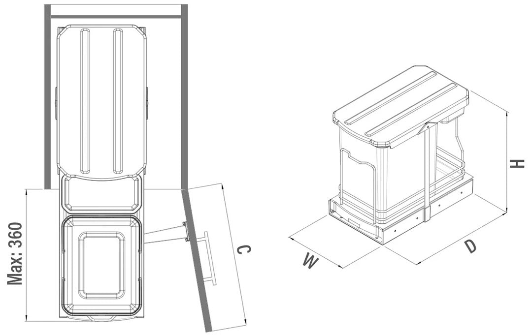 Plastic Body Garbage Bin with Telescopic Rail 16+1 lt